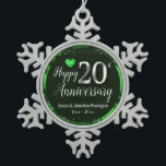 Happy 20th Wedding Anniversary Snowflake Pewter Christmas Ornament<br><div class="desc">Lovely grey Happy 20th Anniversary ornament. Faux foil on 20th and as a border frame. Green oil background created by Valarie Wade. Tiny green heart gem in the upper corner. Names and dates are adjustable.</div>