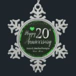Happy 20th Wedding Anniversary Snowflake Pewter Christmas Ornament<br><div class="desc">Lovely grey Happy 20th Anniversary ornament. Faux foil on 20th and as a border frame. Green oil background created by Valarie Wade. Tiny green heart gem in the upper corner. Names and dates are adjustable.</div>