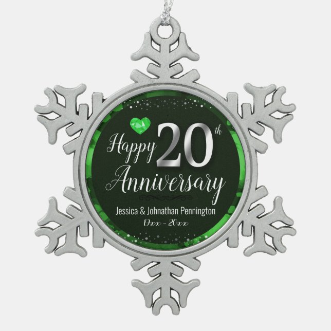 Happy 20th Wedding Anniversary Snowflake Pewter Christmas Ornament (Front)
