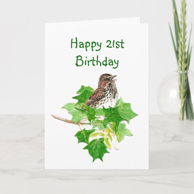 Happy 21 Birthday Watercolor Song Sparrow Nature Card (Front)