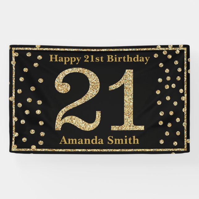 Happy 21st Birthday Banner Black and Gold Glitter (Horizontal)