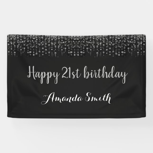 Happy 21st Birthday Banner. Black Silver Glitter Banner (Horizontal)