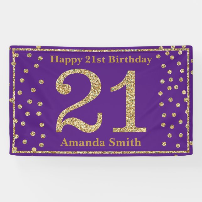 Happy 21st Birthday Banner Purple and Gold Glitter (Horizontal)