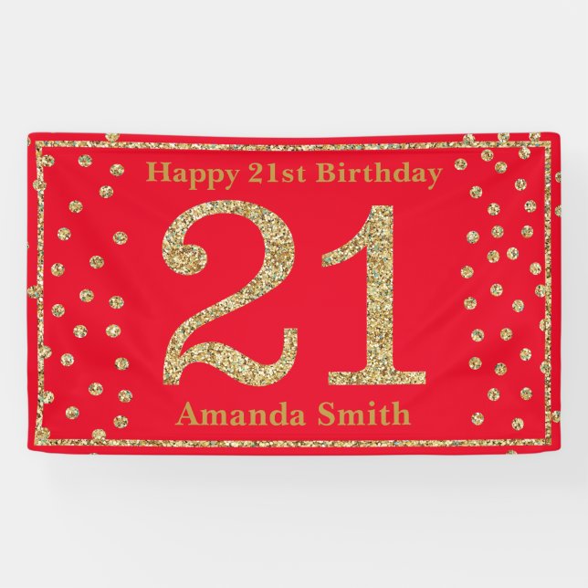 Happy 21st Birthday Banner Red and Gold Glitter (Horizontal)