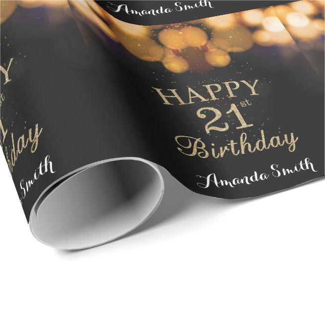 Happy 21st Birthday Black and Gold Glitter Wrapping Paper (Roll Corner)