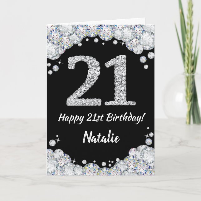 Happy 21st Birthday Black and Silver Glitter Card (Front)