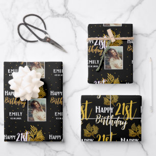 Happy 21st Birthday Black Gold Foliage Photo  Wrapping Paper Sheet