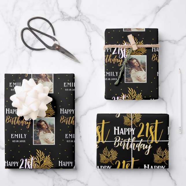 Happy 21st Birthday Black Gold Foliage Photo  Wrapping Paper Sheet (Front)
