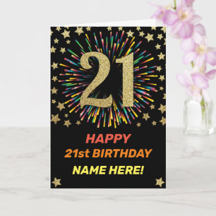 Happy 21st Birthday Black & Gold Rainbow Firework Card