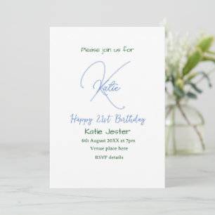 Happy 21st birthday blue add name monogram modern invitation