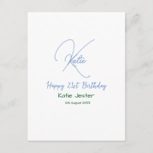Happy 21st birthday blue add name monogram modern postcard