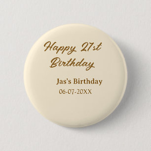 Happy 21st birthday brown pastel yellow name date 6 cm round badge