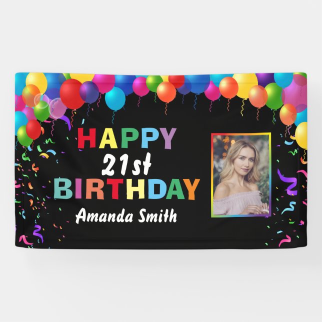 Happy 21st Birthday Colourful Balloons Confetti Banner (Horizontal)