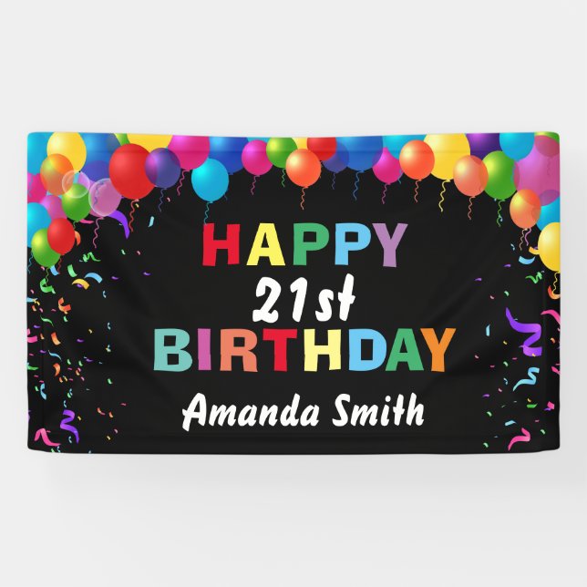 Happy 21st Birthday Colourful Balloons Confetti Banner (Horizontal)