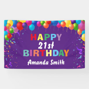 Happy 21st Birthday Colourful Balloons Purple Banner