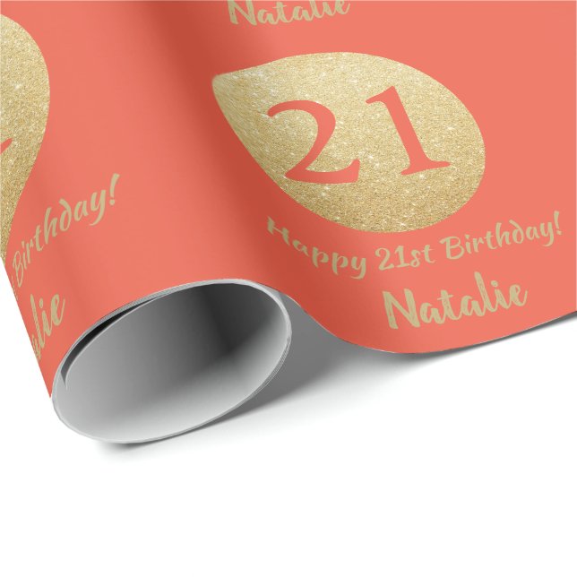 Happy 21st Birthday Coral Orange and Gold Glitter Wrapping Paper (Roll Corner)