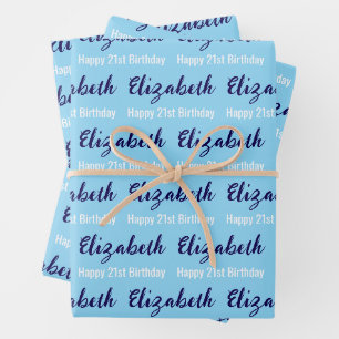 Happy 21st Birthday Dark Blue Name Light Blue Wrapping Paper Sheet