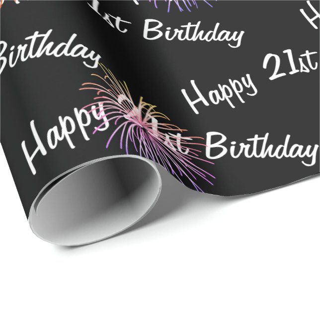 Happy 21st Birthday fireworks on black Wrapping Paper (Roll Corner)