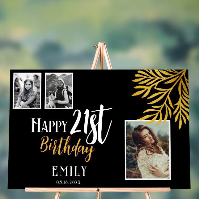Happy 21st Birthday Gold Foliage 3 Photo Backdrop Acrylic Sign (Neutral)