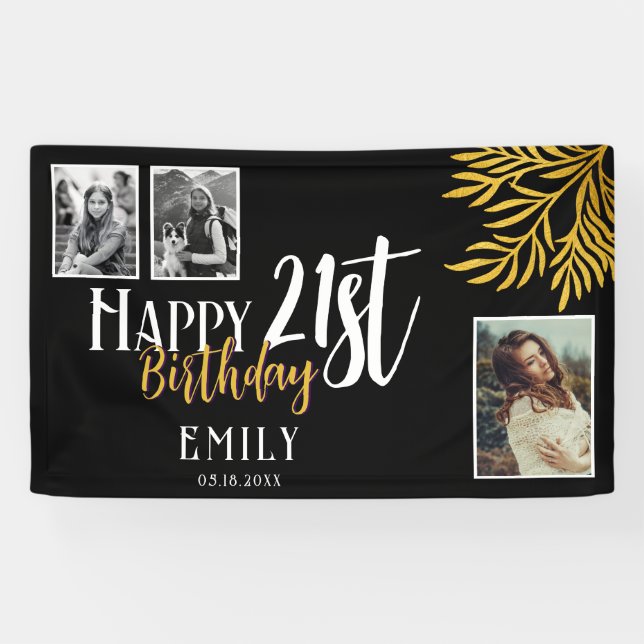Happy 21st Birthday Gold Foliage 3 Photo Backdrop Banner (Horizontal)