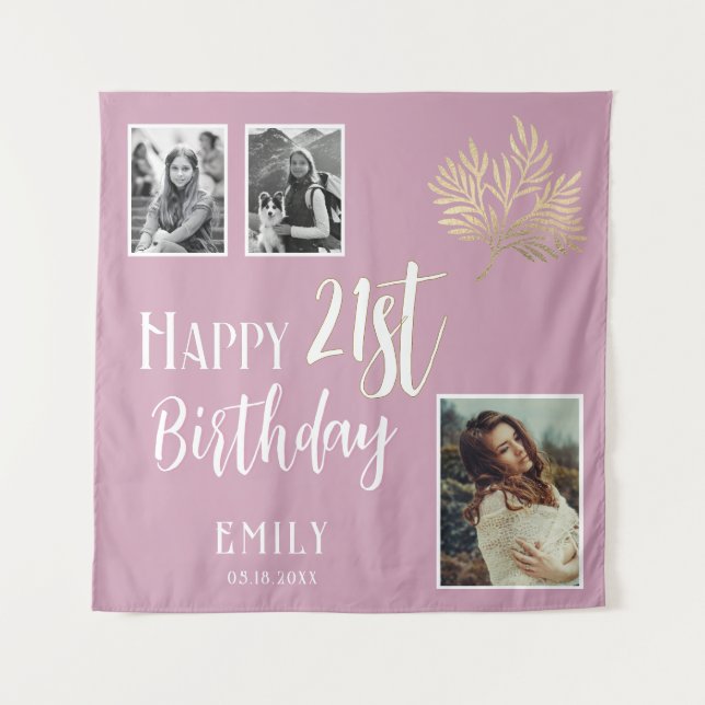 Happy 21st Birthday Gold Foliage 3 Photo Backdrop Tapestry (Front)