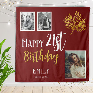 Happy 21st Birthday Gold Foliage 3 Photo Backdrop Tapestry