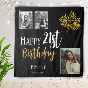 Happy 21st Birthday Gold Foliage 3 Photo Backdrop Tapestry