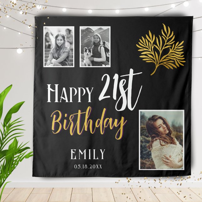Happy 21st Birthday Gold Foliage 3 Photo Backdrop Tapestry (Creator Uploaded)