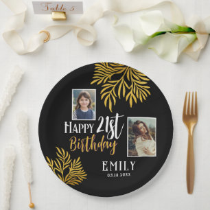 Happy 21st Birthday Gold Foliage 3 Photo Party Paper Plate