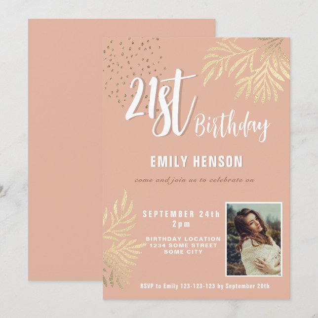 Happy 21st Birthday Gold Foliage Photo Party Invitation (Front/Back)