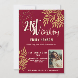 Happy 21st Birthday Gold Foliage Photo Party Invitation
