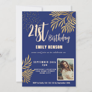 Happy 21st Birthday Gold Foliage Photo Party Invitation