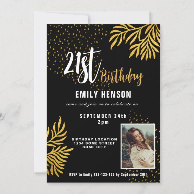 Happy 21st Birthday Gold Foliage Photo Party Invitation (Front)