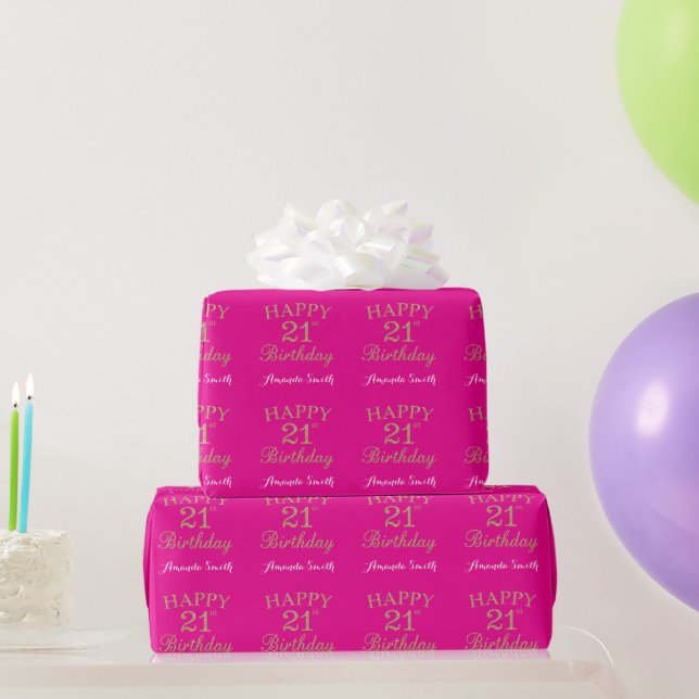 Happy 21st Birthday Gold Glitter and Hot Pink Wrapping Paper