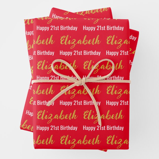 Happy 21st Birthday Gold Name Bright Red and White Wrapping Paper Sheet (In situ)