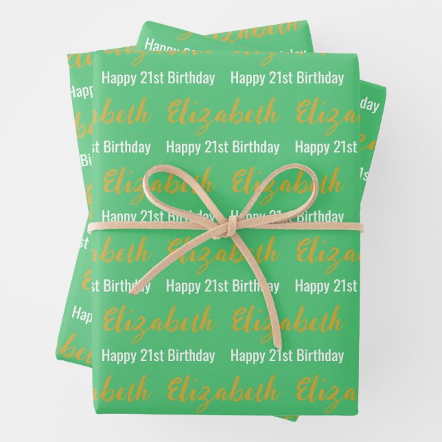 Happy 21st Birthday Gold Name Emerald Green White Wrapping Paper Sheet (In situ)