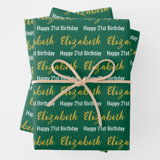 Happy 21st Birthday Gold Name Hunter Green White Wrapping Paper Sheet