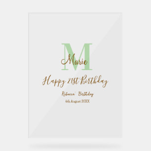 Happy 21st Birthday green add name monogram brown  Acrylic Sign