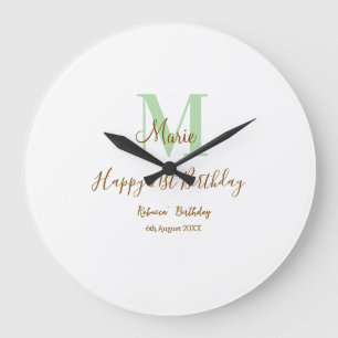 Happy 21st Birthday green add name monogram brown  Large Clock