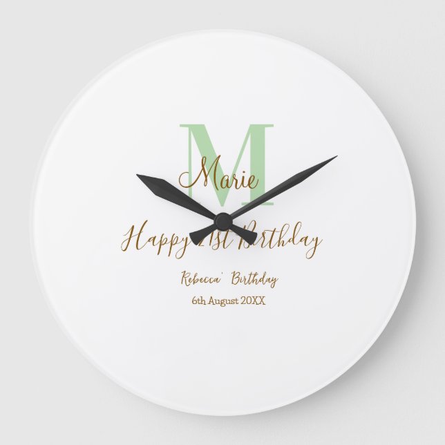 Happy 21st Birthday green add name monogram brown  Large Clock (Front)