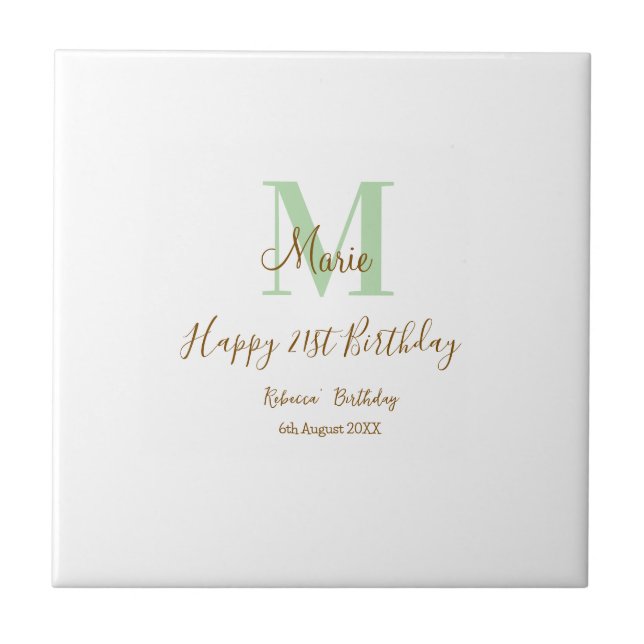 Happy 21st Birthday green add name monogram brown  Tile (Front)