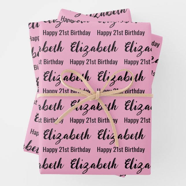 Happy 21st Birthday Name Light Pink and Black Wrapping Paper Sheet (In situ)