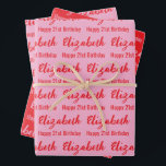 Happy 21st Birthday Name Light Pink and Red Wrapping Paper Sheet<br><div class="desc">The sheets are light pink and red. All of them have a text pattern for the recipient's name in a script and the phrase Happy 21st Birthday. The name (Shown: Elizabeth) appears in an elegant script. All of the text can be edited.</div>