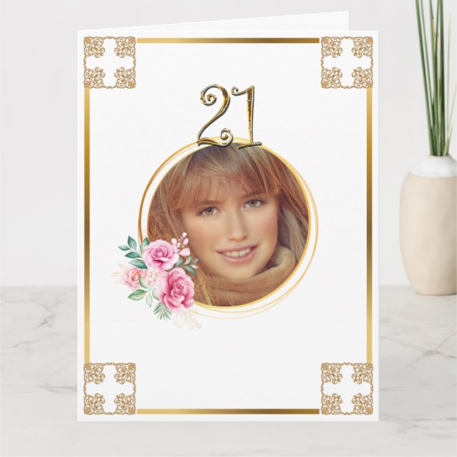 Happy 21st birthday photo gold cross rose flower card (Front)