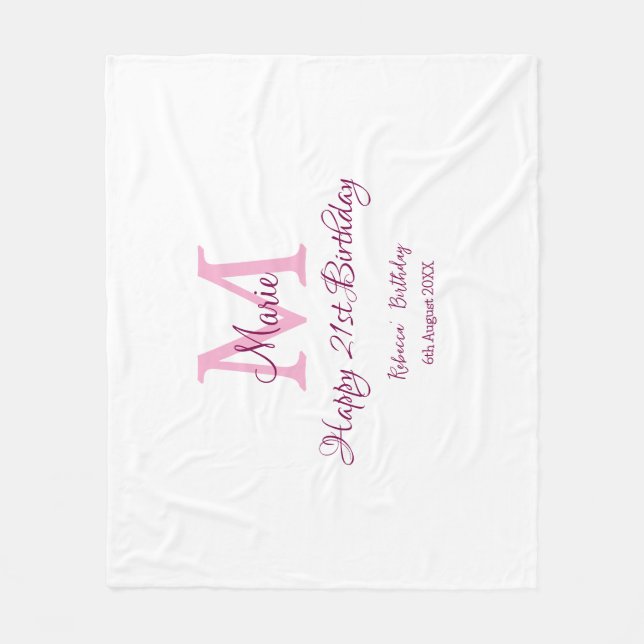 Happy 21st Birthday pink add name monogram modern Fleece Blanket (Front)