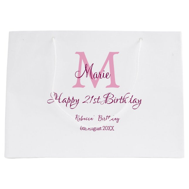 Happy 21st Birthday pink add name monogram modern Large Gift Bag (Front)
