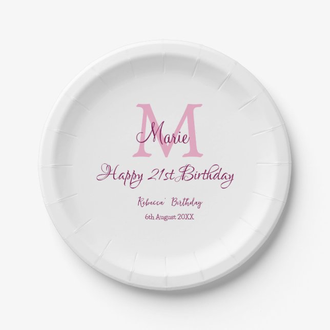 Happy 21st Birthday pink add name monogram modern Paper Plate (Front)