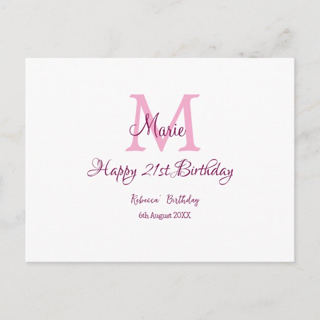 Happy 21st Birthday pink add name monogram modern Postcard (Front)