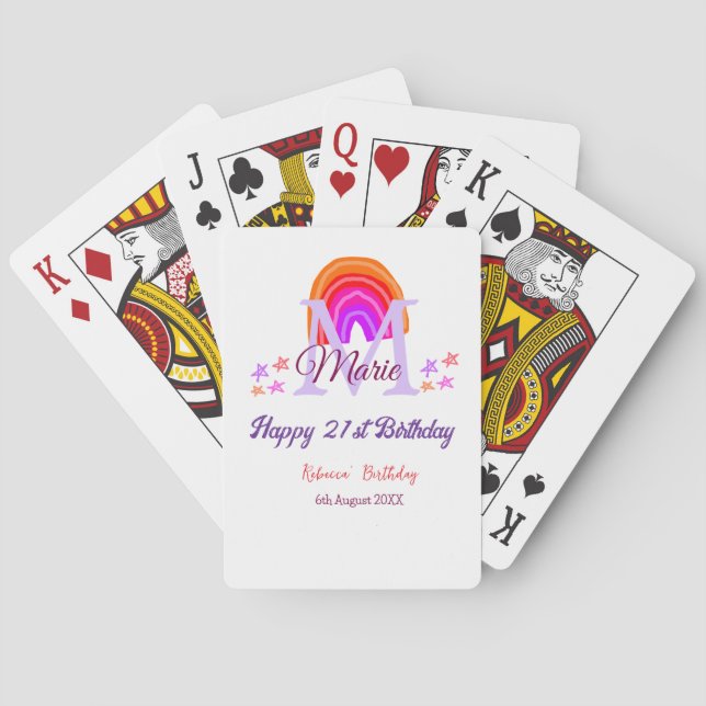 Happy 21st Birthday pink add name monogram rainbow Playing Cards (Back)