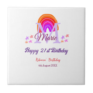 Happy 21st Birthday pink add name monogram rainbow Tile